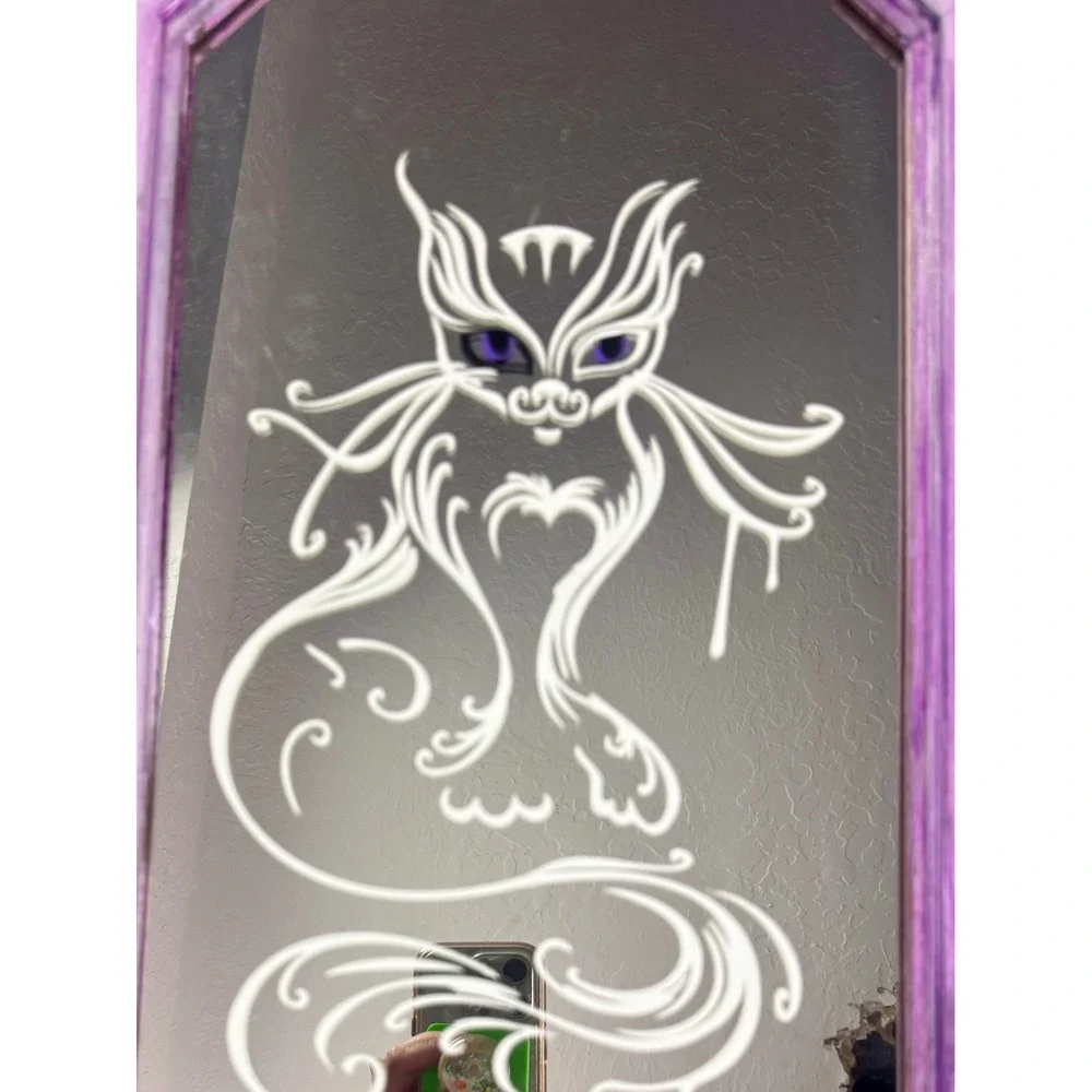Custom‎ Upcycled Octagon Wall Mirror Purple Distressed Frame White Cat Design
